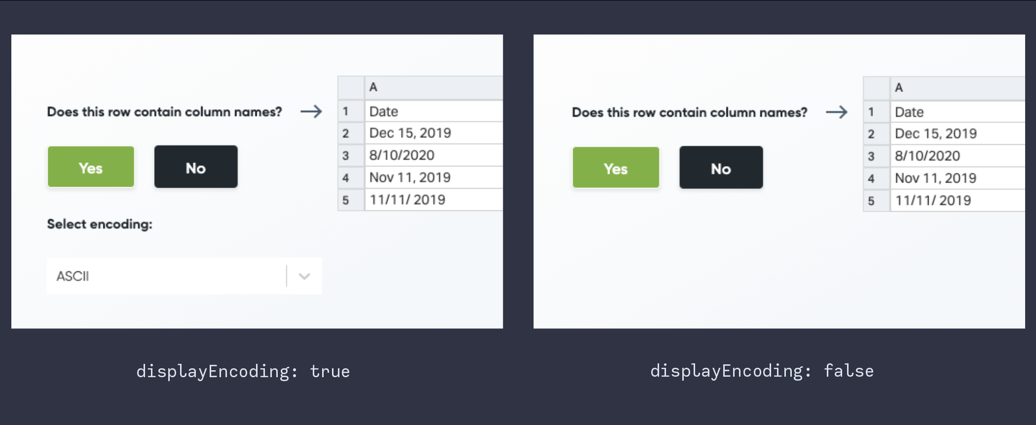 With displayEncoding: true (default), encoding dropdown is visible in Portal header matching step