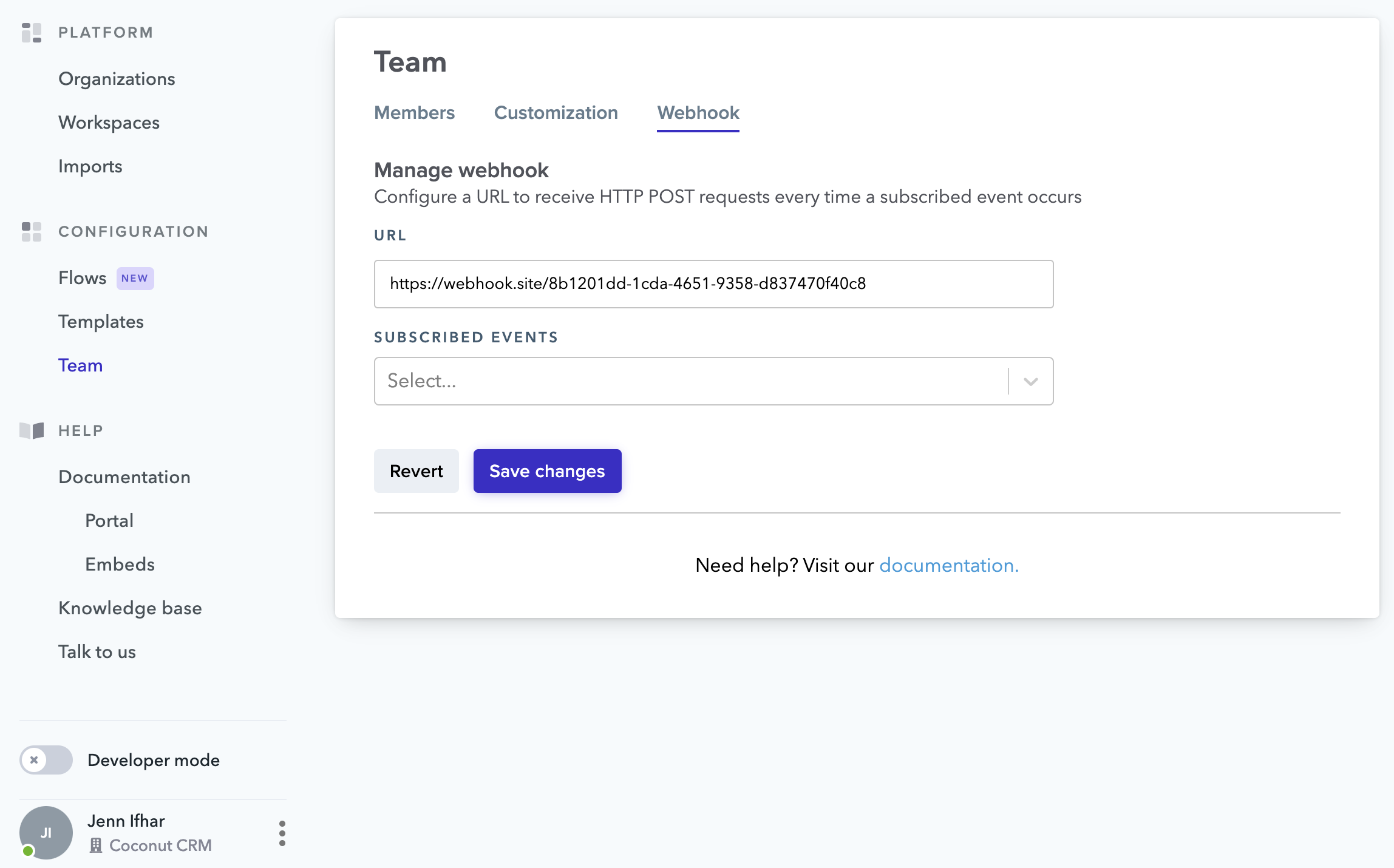 Screenshot of the Webhooks section of the Flatfile dashboard